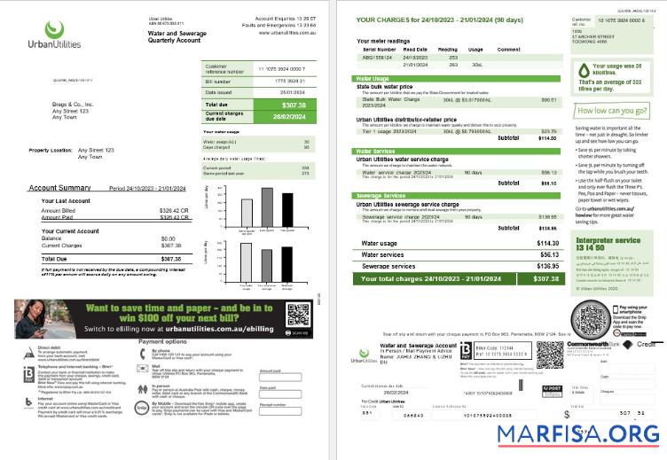 Blank Australia Urban Utilities Word and Pdf business utility bill template 2 pages